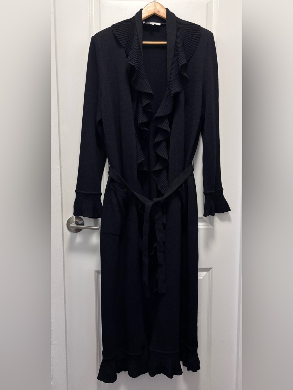 St. John Black Long Ruffle-Front Knit Cardigan